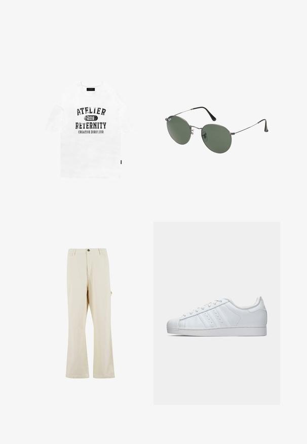 Fehér, rövid ujjú pamut póló, fekete, kopott hatású felirattal: "ATELIER 2018 RETERNITY CREATIVE DIRECTOR." Egyszerű, laza szabású.; Beige, bő szabású nadrág pamut keverék anyagból, gombos záródással. Oldalsó zsebekkel és finom textúrával rendelkezik. A varrások láthatóak.; Fehér bőr sneaker, texturált gumis orral, három oldalsó csíkkal és párnázott nyakkal. Laposejű fehér cipőfűzők és minimalista dizájn.; Fémkeretes napszemüveg ovális zöld lencsékkel. Vékony ezüst színű fémkeret és fekete fülrész. Minimalista dizájn, látható logók nélkül.