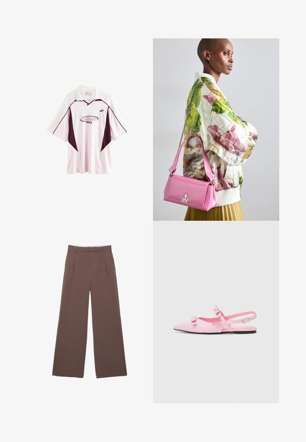 Vaaleanpunainen lyhythihainen jalkapallopaita, jossa on tumman viininpunaisia yksityiskohtia. Paidassa on kaulus, "MILAN"-logo sekä sivupaneelit eriväristä.; Löysät housut tummanruskeasta kankaasta, joka on sileäpintaista, edessä laskoksia ja muotoiltu vyötärö. Ei näkyviä logoja tai kuvioita.; Vaaleanpunaiset, litteät slingback-kengät, joissa on terävä kärki ja kaksi koristeellista solmua. Sujuva synteettinen materiaali, minimalistinen muotoilu ja ohut nilkkahihna.; Vaatteena on tikkikuvioitu kukkakuosiset bomber-takki vihreänä, vaaleanpunaisena ja beigeinä; yhdistettynä kiiltävään vaaleanpunaiseen käsilaukkuun, jossa on ketjuhihna ja logokoriste.