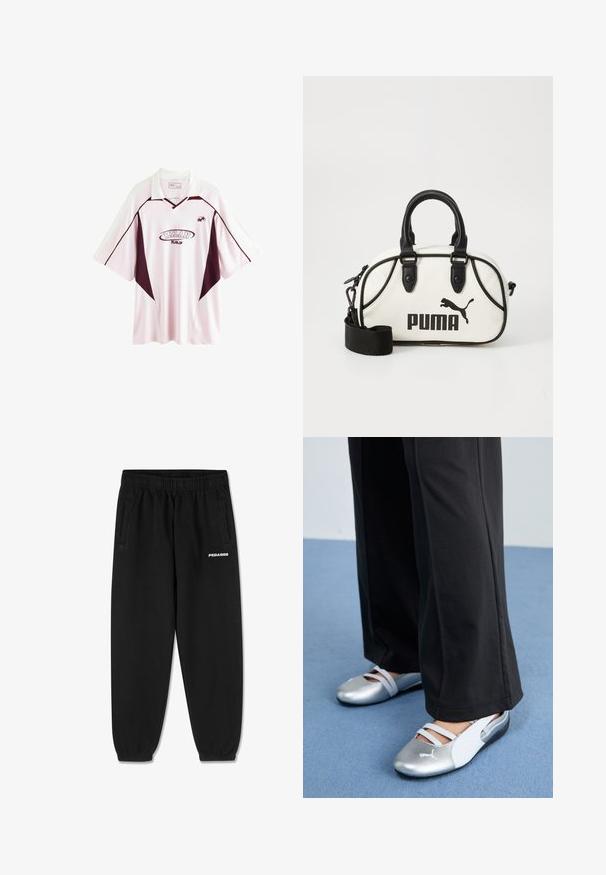 Hellrosa Fußballtrikot mit kurzen Ärmeln und dunkelmaroonen Akzenten, ausgestattet mit einem Kragen, dem "MILAN"-Logo und seitlichen Einsätzen in einer kontrastierenden Farbe.; Schwarze Jogginghose aus weichem Stoff, mit einem Kordelzugbund, schmal zulaufenden Beinen und seitlichen Taschen. "PEGADOR" Logo in Weiß auf der Vorderseite.; Silberne und weiße flache Schuhe mit überkreuzten Riemen und strukturierten Details, ergänzt durch lockere schwarze Hosen. Vor einem blauen Boden.; Weißer Handtasche mit schwarzen Akzenten, ausgestattet mit einem Puma-Logo. Kurze, abgerundete Griffe und ein abnehmbarer Schultergurt, hergestellt aus strukturiertem synthetischem Material.