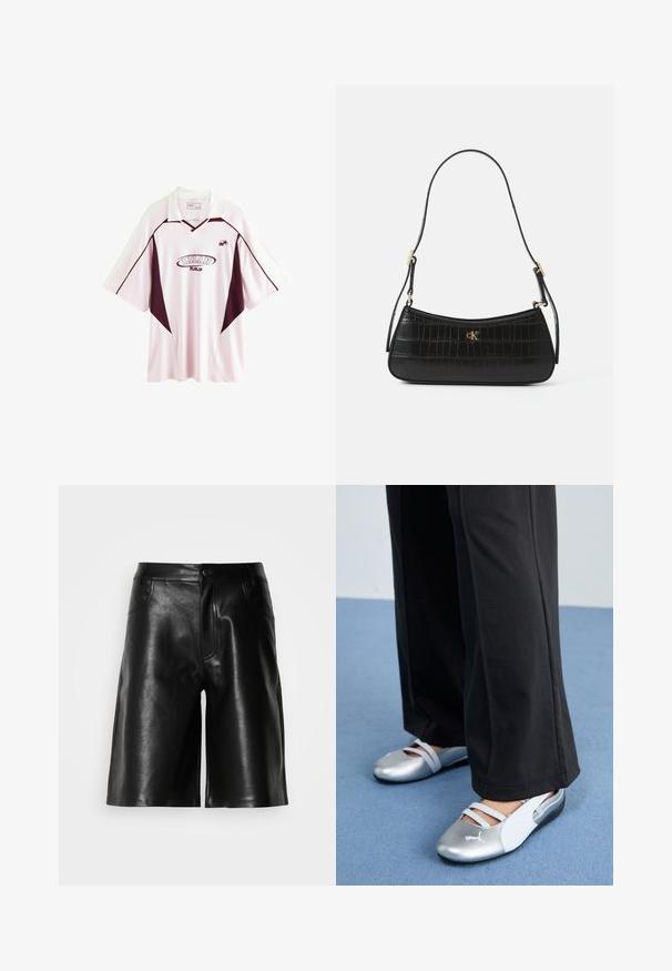 Světle růžový fotbalový dres s krátkým rukávem a tmavě vínovými akcenty, má límec, logo "MILAN" a boční panely v kontrastní barvě.; Černé kožené šortky s hladkou texturou, které mají přední kapsy, zip a upravený střih.; Stříbrné a bílé ploché boty s křížovými pásky a texturovaným detailem, doplněné volnými černými kalhotami. Umístěno na modré podlaze.; Černá kožená kabelka s krokodýlí texturou, štíhlého tvaru a zlatou kovovou sponou. Obsahuje jeden ramenní popruh a vypadá s podrobnostmi s embosovaným logem.