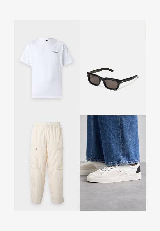 No Problemo MINI TEE - T-shirts basic - white; Beige cargo-bukser med elastisk talje, der har to sidelommer og et blødt, let stof. Krøllet tekstur.; Hvide og sorte sneakers med en glat læderoverdel, teksturerede detaljer og en kraftig hvid sål. Har et klassisk snørebåndsdesign.; Sorte rektangulære solbriller med mørke glas, tyk plastisk ramme, guldtryk på stængerne og brandlogo indgraveret på armen.