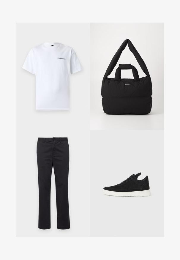 No Problemo MINI TEE - T-shirts - white; Svart bomullsbukse med rett ben-design, med knappelukking og beltehemper. Glatt tekstur, ingen synlige mønstre eller detaljer.; Sorte semskede sneakers med hvit gummisåle, med tonale sømmer og snøring. Glatt tekstur med en moderne, strømlinjeformet form.; Svart polstret veske med en bred, myk skulderreim og topphåndtak. Har glidelås lukking og en subtil logo foran.