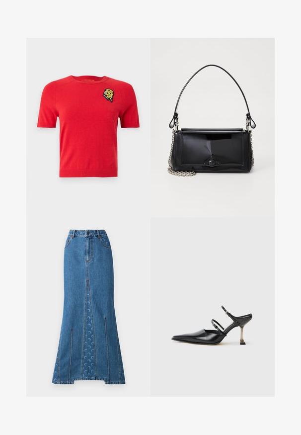 Red short-sleeve sweater made of soft fabric. Features a round neckline and an embroidered patch with a design on the left chest.; Denim maxi skirt in medium blue featuring a fitted waist, straight silhouette, contrasting red stitching, and subtle circular pattern on the back.; Black leather point-toe slingback shoe with two adjustable straps and a metallic heel. Smooth texture and minimalist design.; Black patent leather handbag with a rectangular shape, chain strap, and a distinctive hardware accent in the center. Smooth texture.