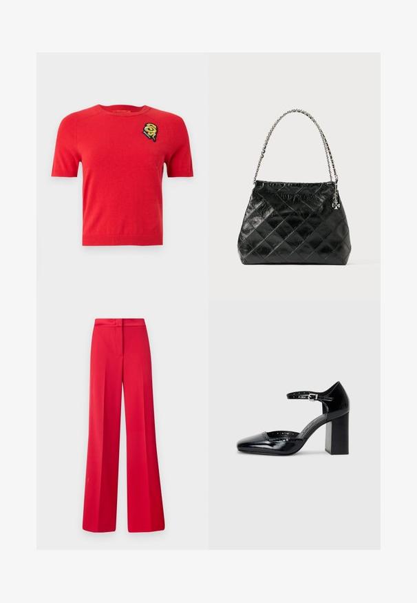 Červený sveter s krátkym rukávom vyrobený z mäkkej tkaniny. Má okrúhly výstrih a na ľavej hrudi sa nachádza vyšívaná nášivka s dizajnom.; Červené široké nohavice s hladkou textúrou, plochým pásom a štruktúrovaným designom, s plisovaním vpredu a upraveným strihom.; Čierne lakované dámske topánky na vysokom opätku so štvorcovou špičkou, remienkom okolo členku a masívnym opätkom. Obsahuje perforované detaily pozdĺž lemu.; Čierna prešívaná kožená kabelka so strieborným retiazkovým uchom, ktorá má štruktúrovaný dizajn a hladkú textúru.