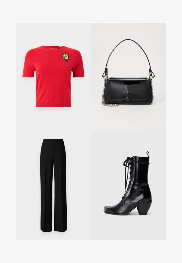 Pulover scurt, roșu, cu mânecă scurtă, realizat dintr-un material moale. Are un decolteu rotund și o broderie cu un design pe pieptul stâng.; Pantaloni negri cu picioare largi, cu o textură netedă, având o talie înaltă și pliseuri centrale. Fără modele vizibile sau detalii de hardware.; Botine negre din piele cu vârful pătrat, design cu șireturi pe față și toc masiv, evazat. Textură netedă și finisaj elegant.; Geantă din piele patent neagră, cu o formă rectangulară, mânere din lanț și un accent distinctiv din metal în centru. Textură netedă.