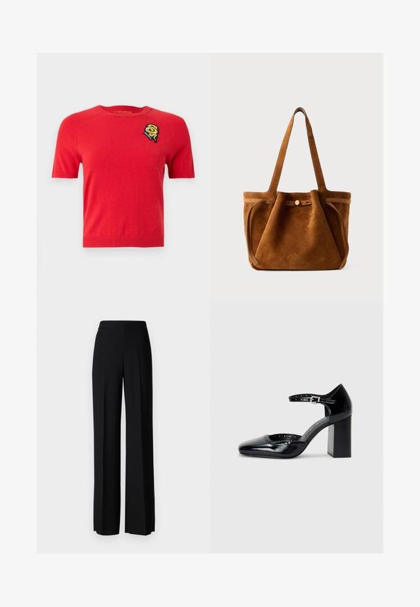 Rdeča kratka majica s kratkimi rokavi, izdelana iz mehkega materiala. Ima okrogel izrez in izvezen pečat z motivom na levem prsnem delu.; Črne široke hlače z gladko teksturo, z visokim pasom in središnjimi pregibi. Brez vidnih vzorcev ali kovinskih detajlov.; Črne lakirane usnjene čevlje s peto, kvadratnim izrezom, trakovi okrog gležnja in masivno peto. Vsebujejo perforirane detajle ob robu.; Rjava nubuk torba za ramena z dvema ročajema, z loputo na gumb in sproščenim, rahlo ohlapnim oblikovanjem.