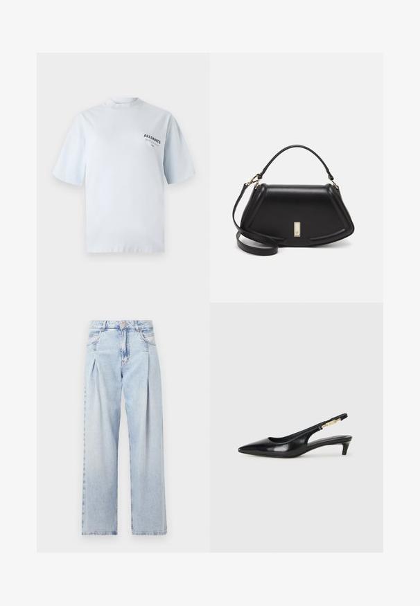 Light blue cotton t-shirt with short sleeves and a high neckline, featuring a small black logo on the left chest area.; Light blue denim jeans with a high waist, wide-leg cut, two side pockets, and pleated design feature. Soft texture with a faded finish.; Black leather slingback heels with a pointed toe, featuring a slim heel and a gold-tone accent on the adjustable strap. Smooth texture.; Black leather handbag with a structured design, featuring a cropped shape, top handle, and gold hardware accent. Adjustable shoulder strap included.