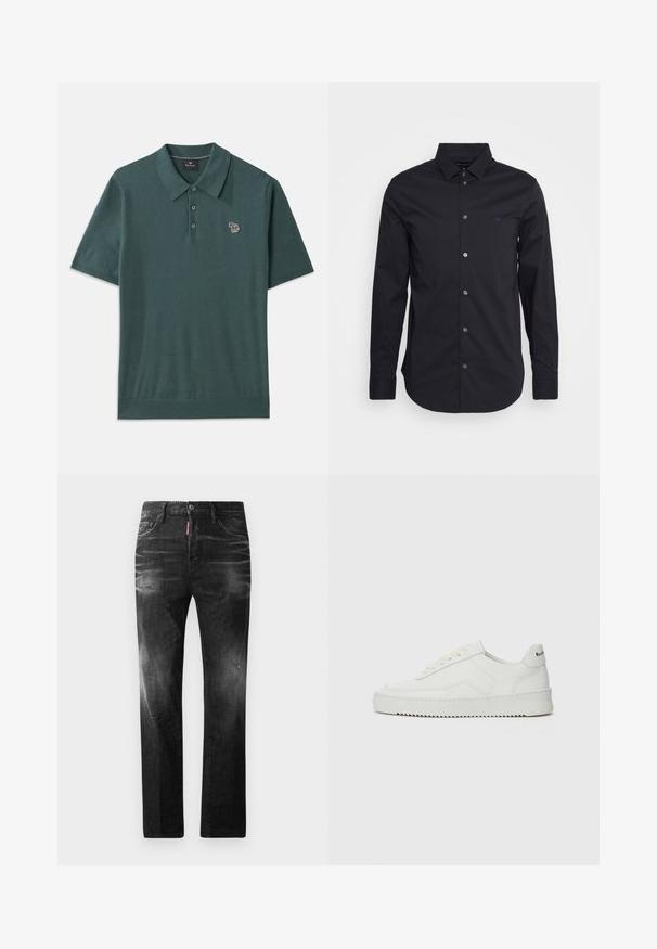 Mörkgrön kortärmad polo i mjukt tyg, med klassisk krage, treknappsslutning och en broderad elefantlogotyp på bröstet.; Svart långärmad skjorta med knappar i en slät textil, med en klassisk krage, hel längd på ärmarna och en liten logotyp på bröstet.; Svarta denimjeans med rak passform. Har blekta områden, mindre slitningar, klassisk femficksdesign och knäppning med knapp.; Vita lädersneakers med en jämn yta, rund tå, platta snörningar och en strukturerad sula. Har en diskret logotyp på hälen.