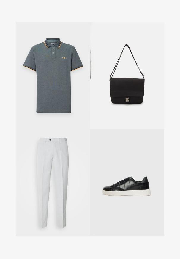 Grå polo skjorte med teksturert stoff, med en tre-knapps knappestolpe, lyseblå og oransje krageakenter, og en liten logo på brystet.; Lys grå bukser laget av strukturert stoff, med knappelukking, flat front og smale ben for en strømlinjeformet passform.; Svarte joggesko med en teksturert krokodille-embossed læroverdel, rund tå og en kontrasterende hvit gummisåle med en glatt overflate.; Svart budveske laget av glatt materiale, med en klaff som kan legges over, sølvfarget spenne og en justerbar skulderrem.