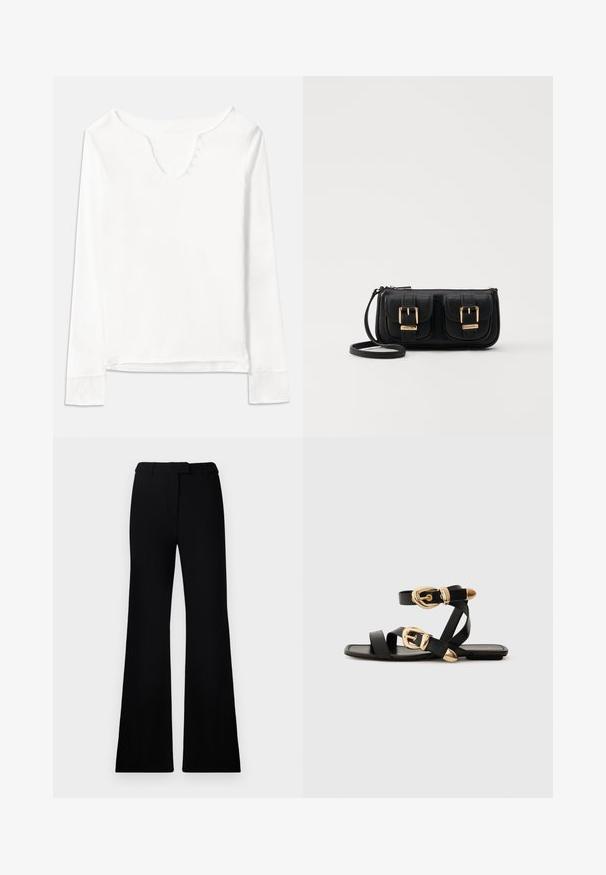 White long-sleeve top with a V-neckline, featuring five small buttons down the front, made from lightweight fabric with a smooth texture.; Black flared pants featuring a smooth texture, tailored waistband, and front pockets, designed with a sleek, modern silhouette.; Black leather sandals with gold buckle accents, featuring multiple straps and a flat sole design for open-toe wear.; Black leather crossbody bag with two front pockets, gold buckles, zipper closure, and a slim strap. Textured surface and compact rectangular shape.