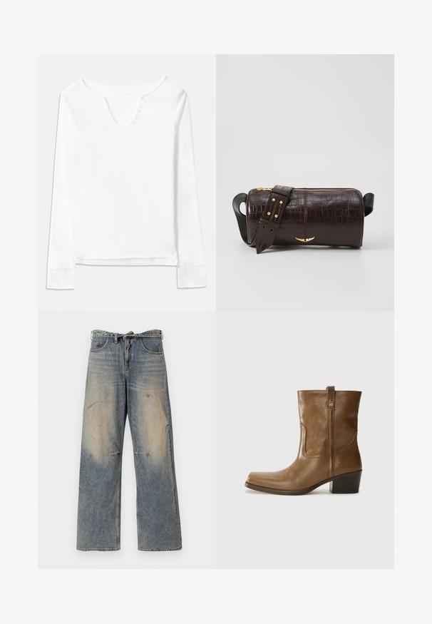 Balts krekls ar garām piedurknēm un V veida kakla izgriezumu, rotāts ar piecām mazām pogām gar priekšpusi, izgatavots no viegla auduma ar gludu tekstūru.; Gai zilgans džinsi ar brīvu, taisnu kāju dizainu. Iezīmējas ar noslīpēšanu, izbalēšanu un nolietojuma detaļām ap ceļgaliem. Klasisks piecu kabatu stils.; Brūnas ādas potītes zābaki ar kvadrātveida degunu, struktūru apdari un zemu sakrautu papēdi. Ir aizmugurējais cilpiņu un smalkas šūšanas detaļas.; Brūna krokodila ādas soma ar cilindrisku formu, zelta toni aparatūru un noņemamu siksnu ar studiem.