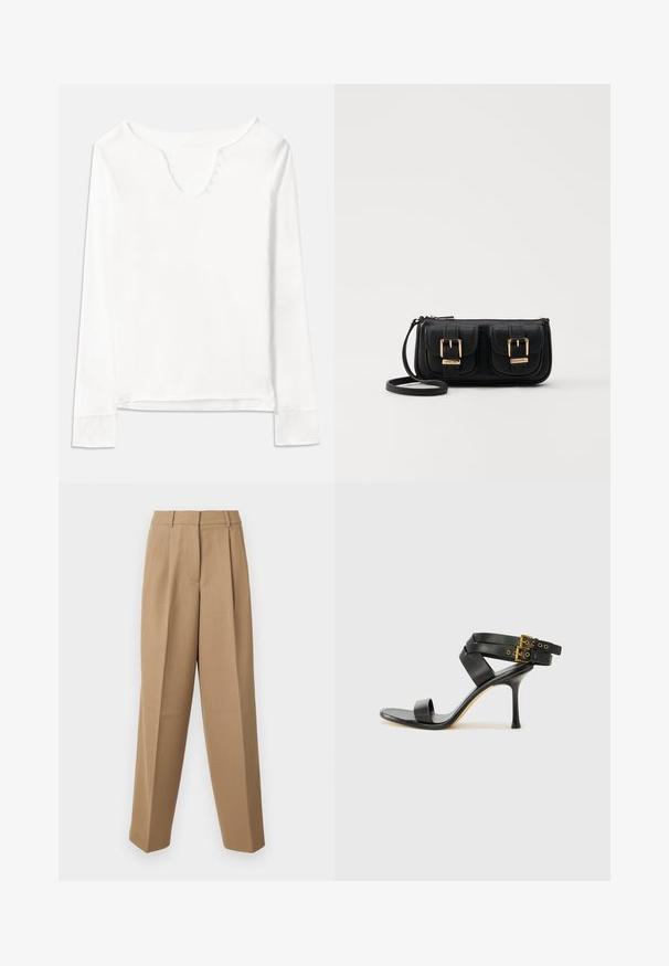 Hvit langermet topp med V-hals, med fem små knapper fronten, laget av lett stoff med en glatt tekstur.; Beige skræddersyede bukser med høj talje, plisseret front og brede ben. Stof virker glat med en let glans.; Svarte hælsandaler med kryssende stropper og justerbar spenne. Har en jevn tekstur og avsmalnende stilettoklakk.; Svart skinn crossbody veske med to frontlommer, gyldne spenner, glidelåslukking og en slank stropp. Teksturert overflate og kompakt rektangulær form.