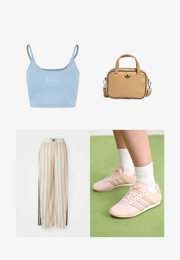 Light blue cropped tank top made of smooth fabric with thin straps. Features a white embroidered logo on the front.; Cream-colored wide-leg pants with a zigzag pattern, featuring a black logo waistband and side black stripes. Lightweight, textured fabric.; Light pink athletic shoes with diagonal stitching, white soles, and three lateral stripes. Worn with ribbed white socks on green surface.; Tan vegan leather bag with two handles, detachable shoulder strap, black accent stitching, and a small black logo on the front.