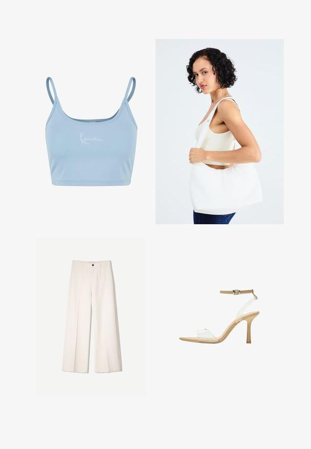 Jasnoniebieski krótki top na ramiączkach wykonany z gładkiego materiału. Posiada biały haftowany logo z przodu.; Kremowe spodnie szerokie z dopasowanym krojem, z dwoma przednimi kieszeniami i pojedynczym zapięciem na guzik z przodu, wykonane z gładkiego materiału.; Przezroczysta sandał z obcasem, z przezroczystą cholewką, beżową wkładką i smukłym paskiem w okolicy kostki. Posiada spiczasty czubek i cienki wysoki obcas.; Biała torba na ramię wykonana z gładkiego materiału, z owalnym wycięciem i szerokim paskiem. Prosta i nowoczesna, bez widocznych elementów ozdobnych.