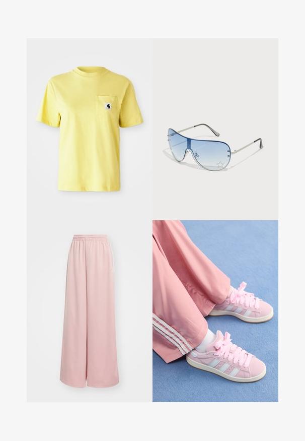 Žuta pamučna majica s kratkim rukavima, okruglim izrezom i prednjim džepom s crnom logotip naljepnicom. Glatka tekstura, ležeran dizajn.; Svijetloružične hlače širokih nogavica s elastičnom pasicom. Gladak materijal s bočnim džepovima i suptilnim logotipom na lijevoj nogavici.; Roze atletske tenisice s svijetloplavim prugama, okrugli vrh i debele roze vezice, u kombinaciji s roze trenirkama koje imaju bijele bočne pruge.; Naočale tipa avijatičar s gradijentnim plavim staklima, okvirom od srebrnog metala i dekorativnim zvjezdastim naglascima na staklima. Glatki i elegantni dizajn.