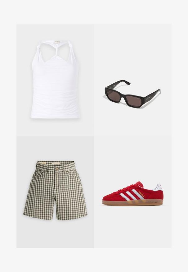 Valge sansleeve topp, millel on sõlmega disain kaela ümber ja kuma tekstuur külgedel. Valmistatud venivast materjalist.; Pruun ja valge ruuduline lühike püksid, millel on nööpkinnitus, kaks eesmist taskut ja mugav lõige. Valmistatud kootud kangast, millel on sile tekstuur.; Punane sametist tennisekes, millel on valge kolmestriibuline disain ja kuldne "Gazelle" tekst. Varustatud kummist tallaga ja tekstureeritud kontsaga.; Mustad mustad prillid tumedate läätsedega. Omavad siledat plastraami ja logo detaili tempel. Puhtad, moodne disain.