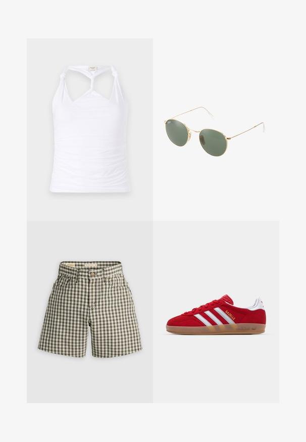 Top branco sem mangas com um design atado no pescoço, apresentando textura franzida nas laterais. Feito de material elástico.; Calções checkered castanho e branco com fecho de botão, dois bolsos frontais e um corte descontraído. Feitos de um tecido tecido com uma textura suave.; Sapatilha de camurça vermelha com design de três riscas brancas e texto "Gazelle" em dourado. Apresenta uma sola de borracha e um calcanhar texturizado.; Óculos de sol com armação metálica dourada e lentes verdes, de forma redonda, com hastes finas e detalhes em plástico branco nas extremidades das hastes.