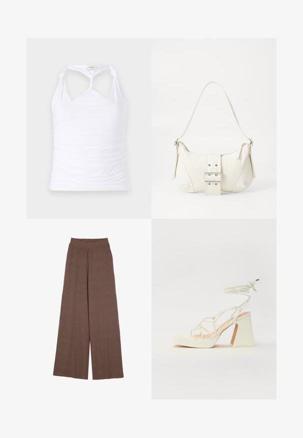 Witte mouwloze top met een geknoopt ontwerp bij de hals, voorzien van geplooide structuur aan de zijkanten. Gemaakt van rekbaar materiaal.; Brede pijpen van een textuurstof met ribbels in een warme bruine kleur. Heeft een naadloze tailleband en een vloeiende silhouet.; Witte hoge hakken sandaal met een chunky hak, met een bandjesontwerp en enkelband. Gladde textuur met een plateau voor extra hoogte.; Witte schoudertas met een gestructureerde afwerking, een centrale gesp accent, en een gebogen vorm. Ritssluitingen aan beide zijkanten.