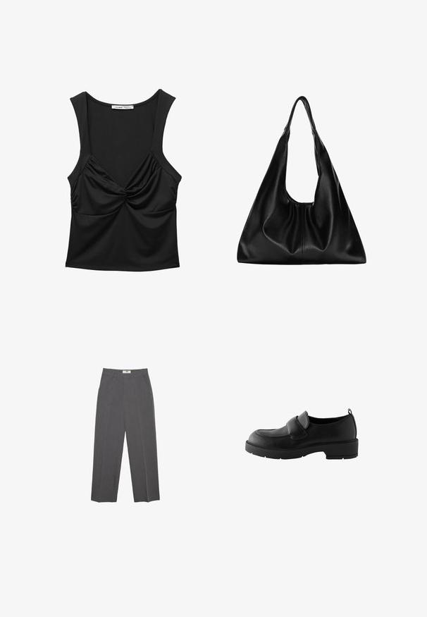 Sort ærmeløs top lavet af glat stof, med en snoet knude detalje fortil og en afslappet pasform. Rundet halsudskæring og brede stropper.; Grå lige benbukser lavet af tekstureret stof, med en mid-rise talje, bæltesløjfer og sidelommer. Ingen synlige mønstre eller detaljer.; Sorte læder loafers med rund tå, der har en frontrem og en struktureret gummisål for godt greb. Inkluderer en hurtigløftestrop i hælen.; Sort læder hobo taske med en blød, buet form. Har en bred toprem og rynker i bunden for en afslappet struktur.