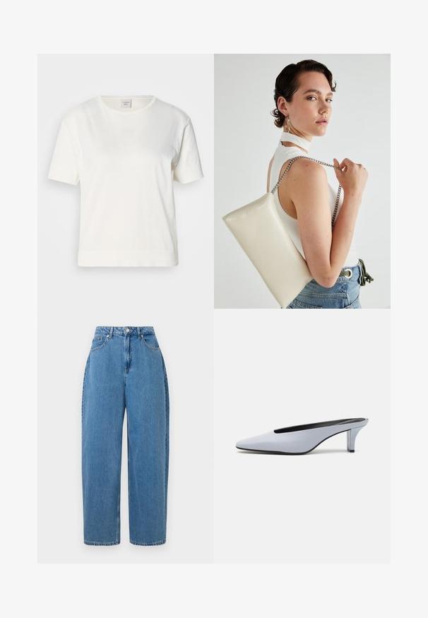 Camiseta blanca de algodón con mangas cortas, escote redondo y un ajuste ligeramente holgado. La tela tiene una textura suave y lisa.; Pantalones de mezclilla de color azul claro con un ajuste de pierna recta, cintura alta y cierre frontal con botón. Cuenta con cinco bolsillos y detalles de costura mínimos.; Mule de charol azul claro con punta afilada, tacón transparente bajo y un diseño elegante que presenta un corte en la parte superior.; Bolso de mano rectangular blanco, hecho de un material brillante, con una cadena plateada. La modelo posa, mostrando el bolso frente a un fondo liso.