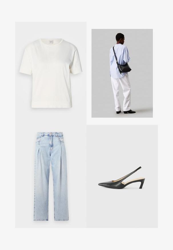 Hvid bomulds t-shirt med korte ærmer, rund halsudskæring og en let løs pasform. Stoffet har en glat, blød tekstur.; Lyseblå denim jeans med høj talje, bred benåbning, to sidelommer og plisseret design. Blød tekstur med et falmet finish.; Sorte spidse slingback-sko med en lav hæl, lavet af glat læder og med udskæringer på siden for åndbarhed.; Sort læder skuldertaske med en blød tekstur, trekantet form og justerbar strop, kombineret med en lyseblå stribet skjorte og hvide bukser.