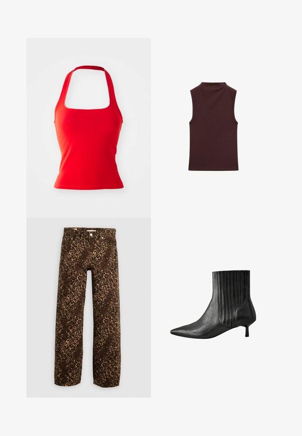 Top a halter neck rosso con scollatura quadrata, design aderente e texture liscia. Nessun motivo o dettaglio visibile.; Top senza maniche in tessuto jersey di un intenso bordeaux, con collo alto e texture liscia. Il design include bordi rifiniti con cura e senza ulteriori abbellimenti.; Jeans a gamba larga con stampa leopardata in marrone e beige. Realizzati in denim, presentano un classico design a cinque tasche e finiture in metallo.; Stivale alla caviglia in pelle nera con punta affusolata, design con righe sui lati e tacco quadrato basso. Texture liscia con finitura lucida.