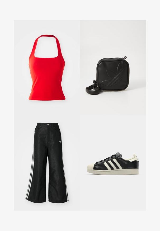 Rotes Halftertop mit quadratischem Ausschnitt, figurbetontem Design und glatter Textur. Keine sichtbaren Muster oder Akzente.; Schwarze, weit geschnittene Jeans mit drei weißen Streifen an jeder Seite und einem kleinen weißen Logo. Mit vorderen Taschen und einem Knopfverschluss.; Schwarze Ledersneaker mit weißen Streifen, Gummikappe, schwarzen Schnürsenkeln und einer cremefarbenen Sohle. Glatte Textur mit glänzender Oberfläche.; Schwarze Umhängetasche aus strukturiertem synthetischem Material. Verfügt über ein eingeprägtes Logodesign und einen verstellbaren Riemen. Mit Reißverschluss geschlossen.