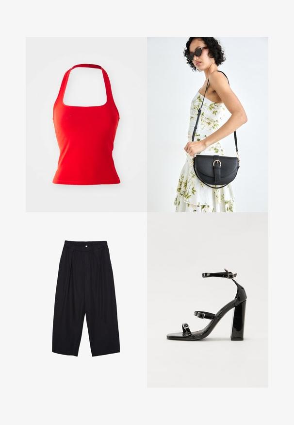 Rdeča top brez naramnic s kvadratnim izrezom, prilegajoč dizajn in gladka tekstura. Brez vidnih vzorcev ali dodatkov.; Črne poliesterske culotte hlače z elastičnim pasom, dvema sprednjima nabiranjema in ohlapnim krojem. Brez vidnih vzorcev ali kovinskih detajlov.; Črne lakirane sandale s peto, kvadratnim prstom, trakovi okrog gležnja in srebrnimi zaponkami. Opremljene so s stabilno Debelo peto.; Črna usnjena torbica s ukrivljeno obliko, z odstranljivo naramnico in zlatimi dodatki. Torbica ima pokrov s podrobnostmi v obliki zaponke.