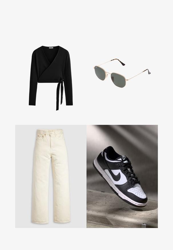 Black long-sleeve wrap top made from ribbed fabric, featuring a deep V-neck and a side tie detailing for adjustable fit.; Wide-leg jeans in off-white denim, featuring a high waist, copper rivets, and classic five-pocket design. Textured fabric with clean hems.; Black and white Nike Dunk Low sneaker with leather upper, perforated toe box, and black laces, featuring a white sole and logo accents.; Gold metal-frame sunglasses with dark green lenses, aviator style, featuring slim arms and tortoiseshell accents on the tips.