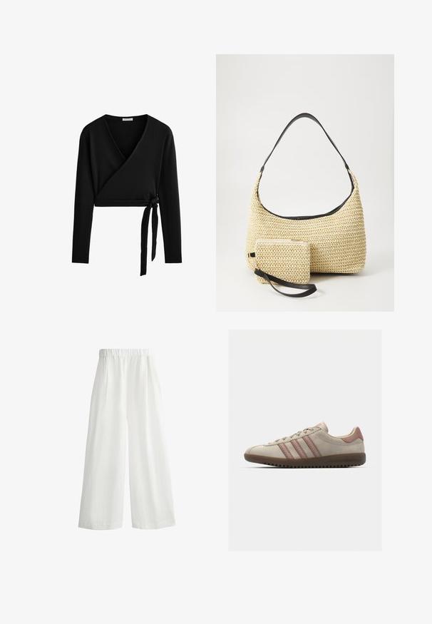 Fekete, hosszú ujjú, keresztezett felső bordás anyagból, mély V-nyakkivágással és oldalsó megkötési részletekkel az állítható illeszkedés érdekében.; Fehér, bő szárú nadrág, elasztikus derékkal, elöl redőkkel és könnyű, texturált anyagból készült.; Beige velúr sneaker rózsaszín részletekkel, három átfedő csíkkal, textúrázott orr résszel és bordázott gumitalppal.; Fonott szalmakézi táska ívelt sziluettel, sima fekete bőrszíjjal és egy hozzá illő, csuklószíjjal rögzített kis tasakkal.