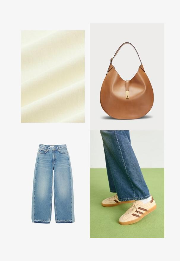 Next OVERSIZED beżowy; Jasnoniebieskie dżinsy szerokie w nogawkach, wykonane z denimu, z wysokim stanem, zapięciem na guzik, kieszeniami z przodu i surowym dołem.; Beżowe sneakersy z fakturowanymi kremowymi panelami i brązowymi paskami, w połączeniu z niebieskimi dżinsami. Dżinsy mają szerokie nogawki i postrzępione wykończenie.; Torba skórzana w kolorze brązowym o zaokrąglonym kształcie i szerokim pasku na ramię. Posiada złoty metalowy akcent na środku oraz gładką fakturę.