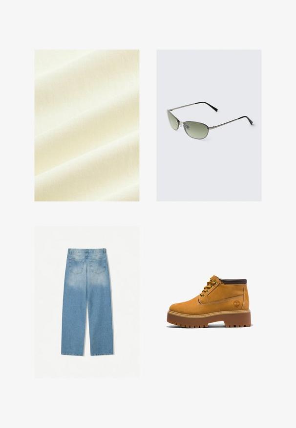 Next OVERSIZED LONGLINE - REGULAR FIT - T-shirt imprimé - ecru white; Jean en denim bleu clair avec une coupe droite, doté de deux poches arrière et d'une texture décolorée à la partie supérieure.; Bottines en cuir brun clair avec un bout rond, des accents bruns, une semelle épaisse et des lacets jaunes contrastants. Présente un logo sur le côté.; Lunettes de soleil en métal avec des verres verts allongés, une fine monture argentée et des embouts de branches noirs. Elles disposent de petites plaquettes de nez pour le confort.; Sac à main en cuir tan avec texture lisse, forme arrondie, doubles poignées et une étiquette décorative. Présente des coutures discrètes et un design épuré.