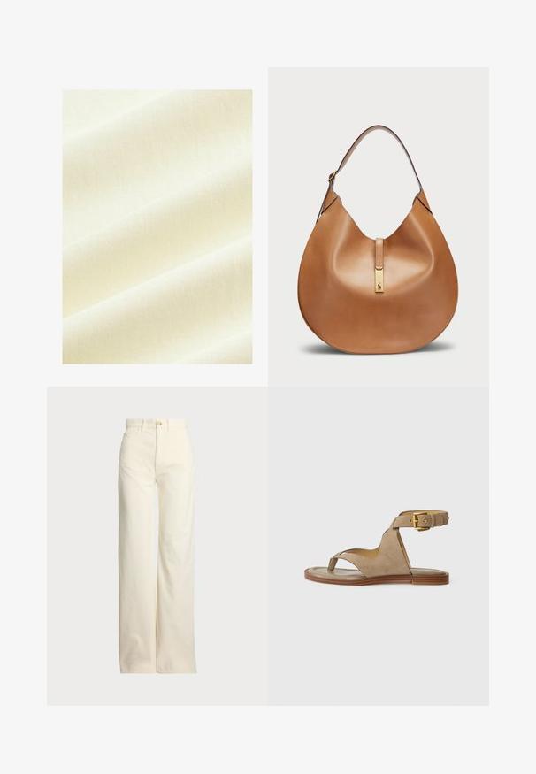 Next OVERSIZED LONGLINE - REGULAR FIT - T-shirts print - ecru white; Polo Ralph Lauren COTTON CORDUROY WIDE-LEG PANT - Bukser - warm white; Beige ruskindsandaler med en tåsløjfe, åbne sider og en bred ankelrem med en guldspænde. Flad brun sål med en let kant.; Tan lædertaske med en buet form og en bred skulderrem. Har et guld metalaccent i midten og en glat overflade.