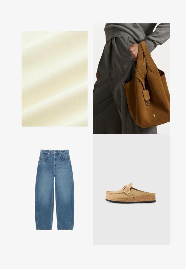 Next OVERSIZED LONGLINE - REGULAR FIT - Triko s potiskem - ecru white; Modré vysoké široké džíny s předními kapsami a zapínáním na knoflík, vystavené v ploché poloze na bílém pozadí.; Béžové dřeváky s širokým popruhem a zlatou sponou, vyrobené z měkkého materiálu, s korkovou mezipodešví a strukturovanou černou gumovou podrážkou.; Hnědá semišová taška přes rameno zaobleného tvaru, se dvěma uchy a kovovým hardwarem. Na přední straně je malá logo.