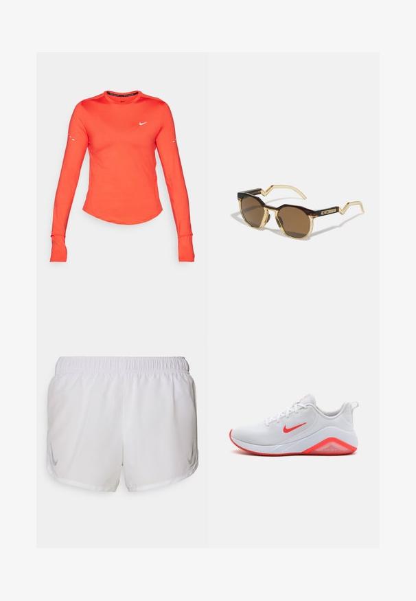 Langærmet træningsshirt, lys orange stof, rund halslinje, hvidt Nike-logo på brystet, tommelhuller i ærmerne, strømlinet pasform, glat tekstur.; Nike Performance FAST TEMPO SHORT - Korte sportsbukser - white/silver; Hvite atletiske sko med mesh-overdel, røde detaljer på swooshen og sålen, samt en polstret hæl. Har en teksturert yttersåle for godt grep.; Brune, runde solbriller med en skildpadde- og klar lysegul stel, kantede arme og struktureret detaljer på stængerne.