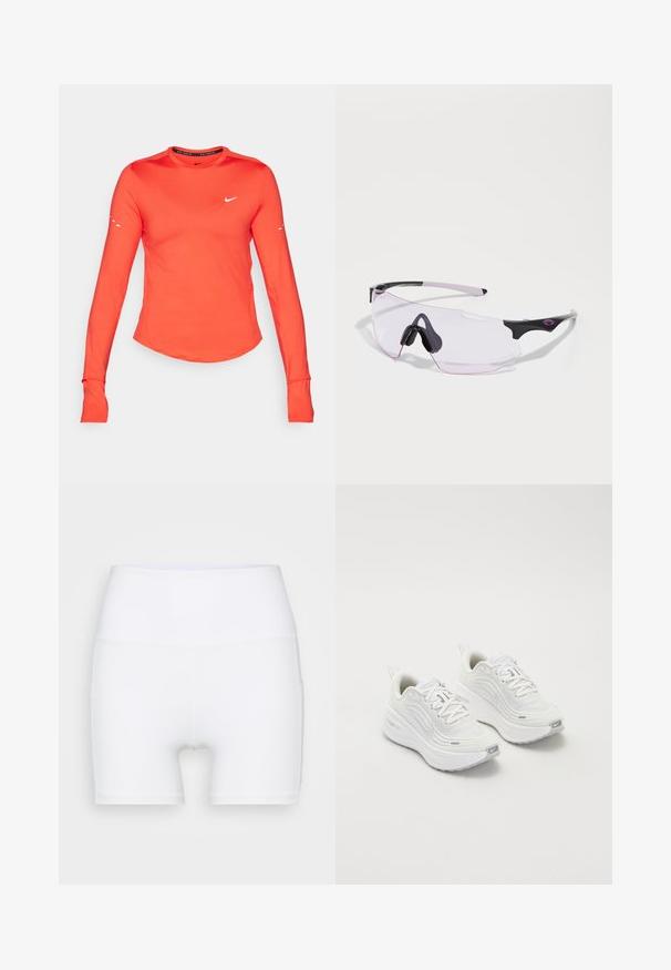 Langärmliges Sportshirt, leuchtend orange Stoff, runder Ausschnitt, weißes Nike-Logo auf der Brust, Daumenlöcher in den Bündchen, figurbetonte Passform, glatte Textur.; Weiße, hochtaillierte Shorts aus dehnbarem Stoff. Sie verfügen über eine glatte Textur und eine figurbetonte Passform, ohne zusätzliche Muster oder Hardware.; Weiße Sportschuhe mit einem strukturierten Mesh-Obermaterial, gepolsterter Sohle und dezenten grauen Akzenten. Enthält Branding und eine Schlaufe an der Ferse für einfaches Anziehen.; Sportsonnenbrille mit einem robusten schwarzen und pinken Design, das eine rahmenlose Form und klare, leicht getönte Gläser aufweist. Gummiakzente sind enthalten.