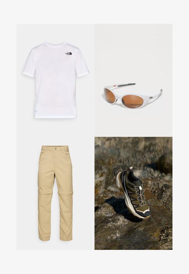 Fehér, rövid ujjú póló, amelyen fekete logó található a bal felső mellen, és kék dizájnelem a szegély közelében. Puha, könnyű anyag.; Beige, zipzáras nadrág sima textúrával, két oldalsó zsebbel, gombos záródással és felgöngyölhető nadrágszárral a sokoldalúság érdekében.; Olívazöld és fekete túrabakancs rózsaszín részletekkel. Jellemzői közé tartozik a texturált felsőrész, a rugalmas talp, a megerősített orr- és a színes fűzőrendszer.; Fehér napszemüveg barna lencsékkel, ovális forma, sima műanyagból készült, szürke díszítéssel a szárakon és logóval a kereten.