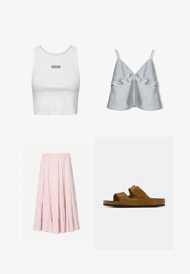 Vit kortärmad top i ribbad bomull. Har rund halsringning och broderad svart logotyp på bröstet. Enkel, figurnära design.; Randigt tygtop i blått och vitt, med volangdetaljer längs framsidan och tunna axelband, samt en V-ringning.; Ljusrosa, vågad maxiklänning gjord av ett texturerat, lätt material. Elastisk midja och flytande fåll med volangdetaljer.; Bruna mockaskinnssandaler med två justerbara remmar, korkfotbett och en strukturerad gummisula. Minimalistisk design utan ytterligare utsmyckningar.