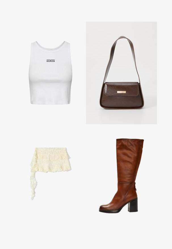 Witte, korte tanktop van ribgebreide katoen. Bevat een ronde halslijn en een geborduurd zwart logo op de borst. Eenvoudig, aansluitend ontwerp.; Ivoor kanten omslagdoek met gerafelde randen; bevat ingewikkelde bloemmotieven; stroomt elegant met een lange, slepende uiteinde.; Bruine leren kniehoge laars met een ronde neus, dikke zwarte hak en subtiele stiksels aan de voor- en achterkant.; Bruine leren schoudertas met een gestructureerde vorm, voorzien van een magnetische klepsluiting en een metallic logoaccent aan de voorkant.