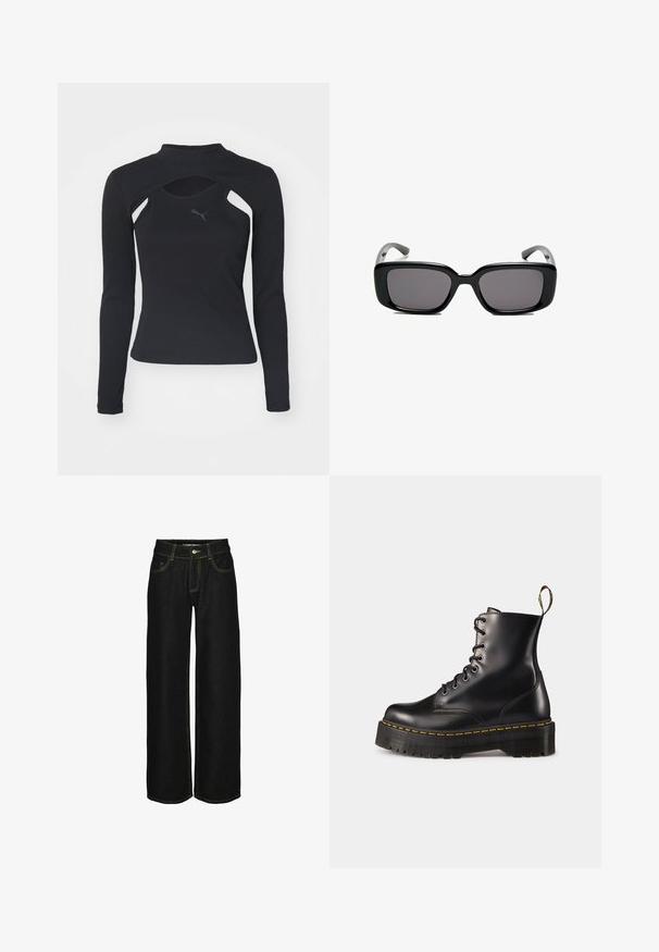 Zwarte longsleeve shirt met hoge kraag, voorzien van uitsnijdingen en een gestructureerd, ribbelachtig oppervlak. Logo op de borst in donkergrijs.; Zwarte wijde jeans van denim met contrasterende gele stiksels. Voorzien van een knoopsluiting en meerdere zakken.; Zwarte leren veterschoenen tot de enkel met een robuuste zwarte zool en gele stiksels. Kenmerkend zijn de trekloop aan de achterkant en de ronde metalen oogjes.; Zwarte rechthoekige zonnebril met donkere lenzen, een gladde kunststof montuur en gebogen pootjes. Het ontwerp is robuust met een minimalistische esthetiek.