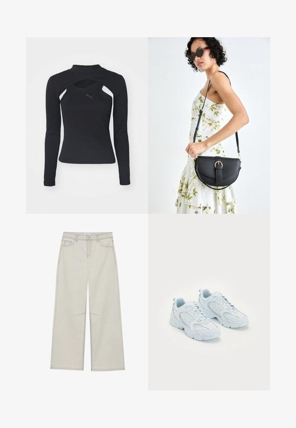 Zwarte longsleeve shirt met hoge kraag, voorzien van uitsnijdingen en een gestructureerd, ribbelachtig oppervlak. Logo op de borst in donkergrijs.; Lichtgrijze wijde broek met vijf zakken, sluiting met een knoop aan de voorkant en contrasterende stiksels langs de naden. De stof lijkt zacht en duurzaam te zijn.; Lichtblauwe sportschoenen met een bovenwerk van mesh en synthetisch materiaal, voorzien van witte stippen en reflecterende accenten, vetersluiting en gevoerde zolen.; Zwarte leren handtas met een gebogen vorm, afneembare schouderband en gouden hardware. De tas heeft een klep met een gespsluiting.