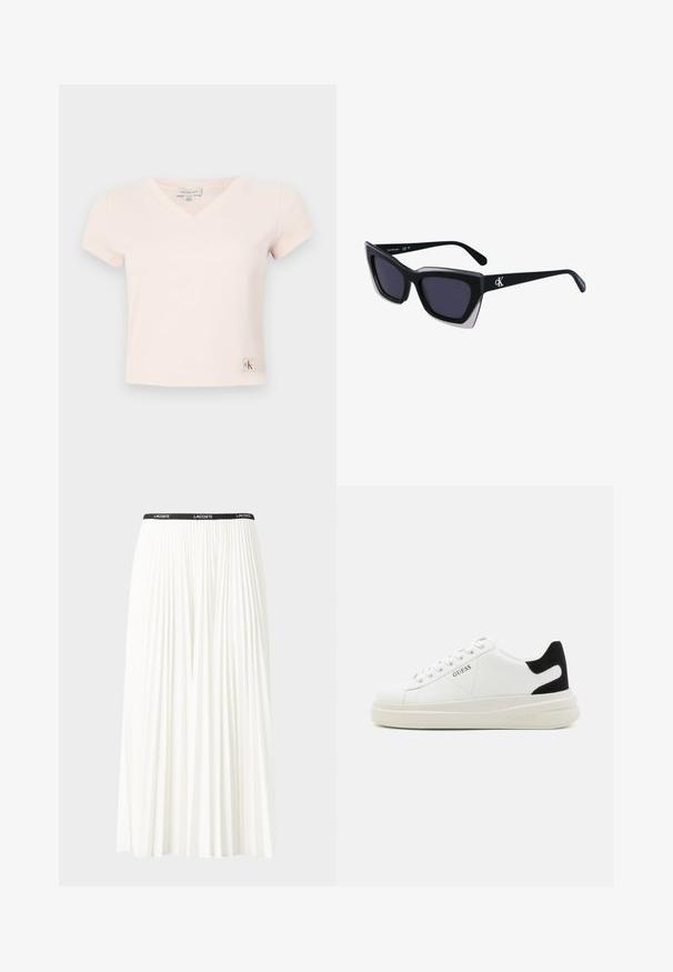 Rozā ribota īsā piedurkne V-veida kakla T-krekls ar CK logo etiķeti apakšējā kreisajā pusē, izgatavots no mīksta kokvilnas auduma.; Gari plānas baltas svārku ar melnu elastīgu jostu, uz kuras redzams "LACOSTE" logo. Vidēja garuma dizains ar mīkstu tekstūru.; Baltas ādas sporta apavi ar biezu balto zoli, melna zamša uzpura un izspiestais logotips sānos. Šņorējuma dizains ar sešiem acu caurumiem.; Melni pārmēru saulesbrilles ar ģeometrisku formu, kas aprīkotas ar tumšiem stikliem un kontrastējošu pelēku akcentu uz rāmja. Logo uz kājas.