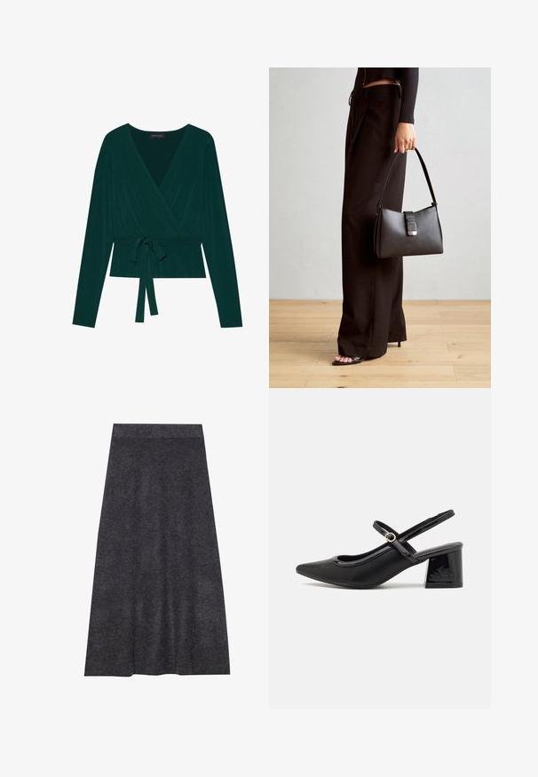 Zgornji del v temno zeleni tkanini z dolgimi rokavi, z izrezom v obliki črke V in nastavljivim trakom v pasu za prilagojen videz. Mehek material.; Temno siva, krila do kolen iz pletene tkanine z gladko teksturo in pasom. A-linijska silhueta z enakomernim robom, zasnovana za udobje in vsestranskost.; Črne patentne usnjene salonarce s slingback obliko, s koničastim nosom, zaobljenim izrezom in blok peto. Imajo zlato kovinsko zaponko kot dodatno okrasje.; Črna torbica z strukturirano obliko, gladko teksturo in kovinskim zaponko. Ujemajo se z širokimi črnimi hlačami in odprtimi sandali na lesenem tleh.