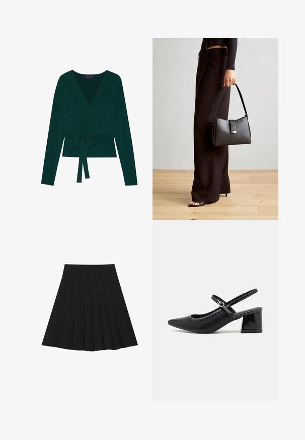 Το τοπ είναι φτιαγμένο από σκούρο πράσινο ύφασμα με μακριά μανίκια, διαθέτει V-λαιμόκοψη και ρυθμιζόμενη ζώνη στη μέση για εφαρμοστό στυλ. Μαλακή υφή.; Μαύρη πλισέ φούστα από υφασμάτινη υφή με εφαρμοστό λαιμό. Φτάνει μέχρι το γόνατο, προσφέροντας μια ομαλή και καθαρή σιλουέτα.; Μαύρα παπούτσια γοβάκια από πατενταρισμένο δέρμα με γωνιαστό μπροστινό μέρος, στρογγυλή κοπή και τετράγωνο τακούνι. Διαθέτουν μια χρυσή αγκράφα ως διακοσμητικό στοιχείο.; Μαύρη τσάντα χειρός με δομημένο σχήμα, λεία υφή και μεταλλικό κούμπωμα. Συνδυασμένη με φαρδιά μαύρα παντελόνια και σανδάλια ανοιχτής μύτης πάνω σε ξύλινο πάτωμα.