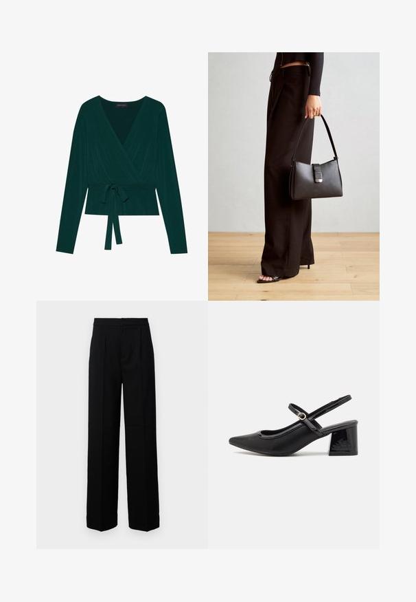 Wrap top in dark green fabric with long sleeves, featuring a V-neckline and adjustable tie at the waist for a fitted look. Soft texture.; Black wide-leg trousers with a smooth texture, featuring a flat front, pleats, and a tailored waistband. No visible hardware or patterns.; Black patent leather slingback heels with a pointed toe, a rounded cutout design, and a block heel. Features a gold-tone buckle accent.; Black handbag with structured shape, smooth texture, and a metallic clasp. Paired with wide black pants and open-toe sandals on wooden floor.