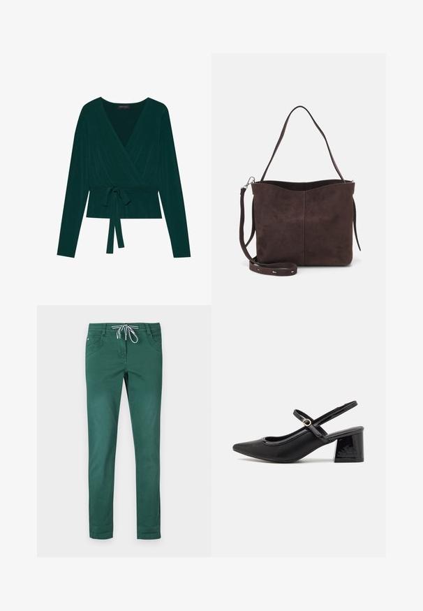 Zelený vršek z tmavé látky s dlouhými rukávy, s výstřihem do V a nastavitelním páskem v oblasti pasu pro přizpůsobený vzhled. Měkká textura.; Zelené kalhoty z bavlněné směsi se střihém rovného nohavice, stahovací páskem a dvěma předními kapsami. Hladký povrch a bez vzorů.; Černé lakované lodičky s otevřenou patou, špičatou špičkou, zaobleným střihem a blokovým podpatkem. Zdobené akcentem v zlatém tónu.; Hnědá semišová taška přes rameno s jemnou texturou, vybavená jedním popruhem na rameno a decentním zakřiveným horním otvorem. Žádné viditelné detaily z hardware.