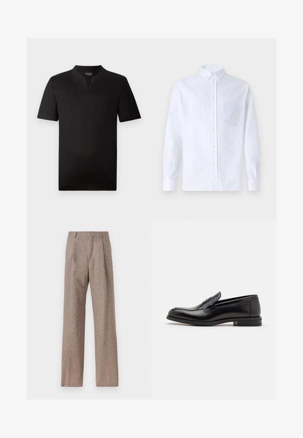 Juodas trumpas rankovėmis marškinėlis, pagamintas iš lygaus audinio, su V formos kaklo iškirpte ir tiesia apatine dalimi. Nėra matomų raštų ar akcentų.; Balta ilga rankovė mygtukų marškiniai, pagaminti iš medvilnės, su krūtine kišene ir toniniu siuvinėjimu, apykakle ir mygtukų apvadu.; Rudos, aukšto liemens kelnes, pagamintas iš tekstūruotos medžiagos. Plati kojos, dvi priekinės klostės struktūrai. Tvarkingas apdailos darbai, be matomų detalių.; Juodos odinės loafers, turinčios lygų paviršių, apvalią noselę ir dekoratyvinę juostą per priekinę dalį. Žemas krentantis kulnas, minimalistinis dizainas.