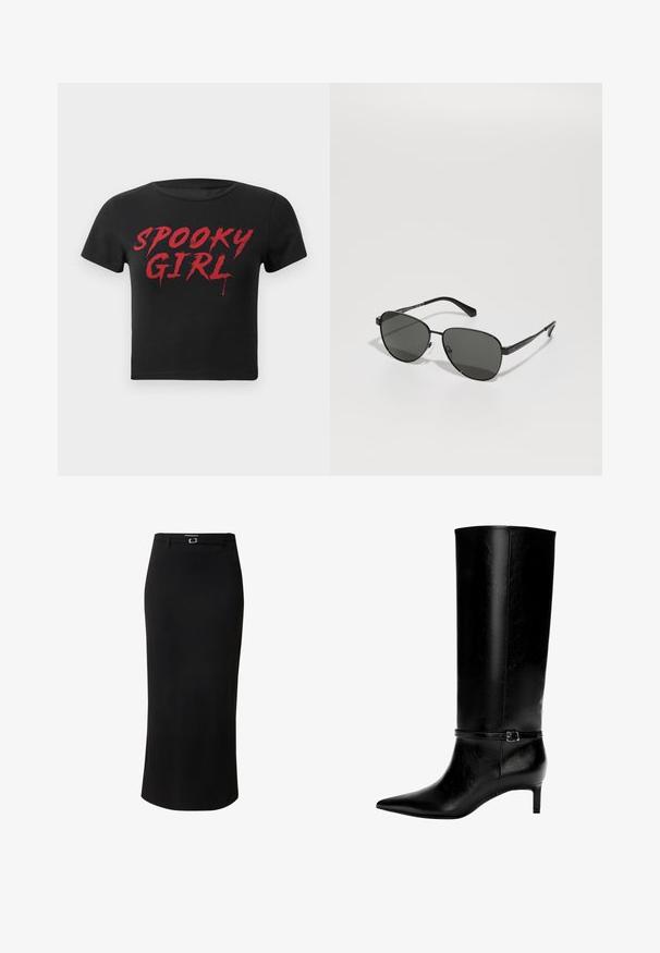 Black short-sleeve cropped t-shirt with red, dripping text reading "SPOOKY GIRL" across the chest.; Black pencil skirt made of smooth fabric, featuring a mid-length design, belt loops, and a silver-toned rectangular buckle detail.; Black leather knee-high boot with pointed toe and a small heel. Features a narrow strap with a metallic buckle around the ankle. Smooth texture.; Black metal frame sunglasses with gray lenses, featuring an oval shape, thin arms, and adjustable nose pads. Minimalistic design.; Black leather handbag with a unique fan shape, featuring flat handles. The surface has a pebbled texture and a minimalistic design.