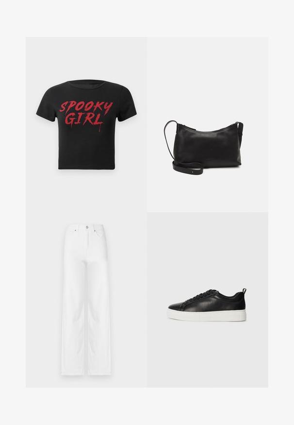 Černé krátké tričko s krátkým rukávem a cropped střihem, na kterém je červený dripping text "SPOOKY GIRL" napříč hrudníkem.; Bílé široké džíny vyrobené z denimu, s předním zapínáním na knoflík, poutky na opasek a čtyřmi kapsami s čistou, hladkou texturou.; Černé nízké kožené tenisky s černými tkaničkami a bílou silnou gumovou podrážkou, zobrazené z vnější strany na bílém pozadí.; Černá kožená taška přes rameno s hladkým povrchem, zakřiveným tvarem, nastavitelným popruhem a zipovým uzávěrem. Minimalistický design bez zdobení.