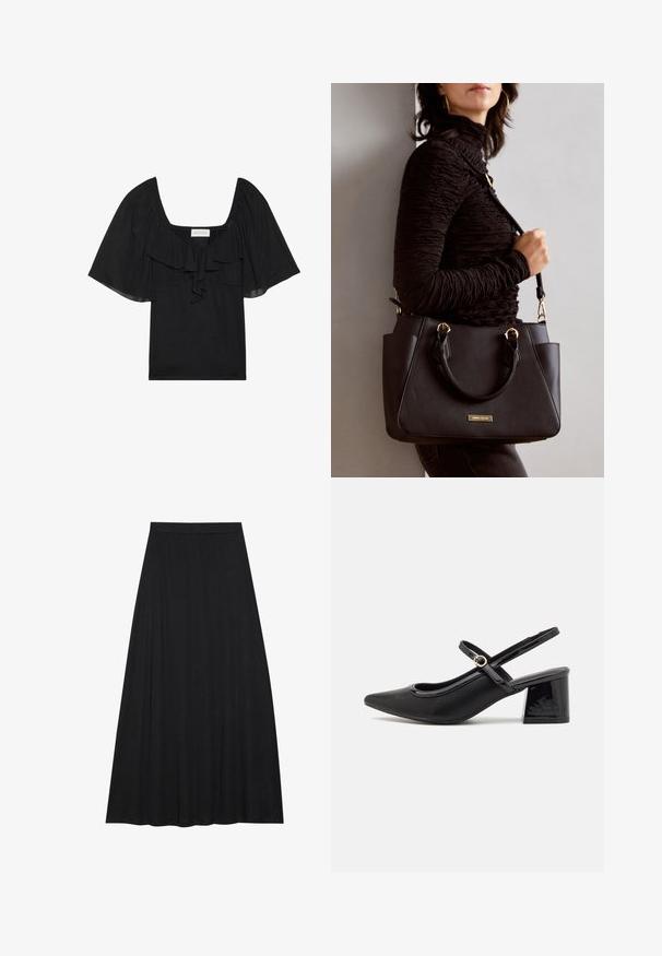 Black top with a square neckline, ruffled front detail, and short, flowing sleeves. Made of soft fabric with a smooth texture.; Black maxi skirt made of soft, flowing fabric. It features an elastic waist and a full, A-line silhouette with a smooth texture.; Black patent leather slingback heels with a pointed toe, a rounded cutout design, and a block heel. Features a gold-tone buckle accent.; Black handbag with textured surface, dual top handles, and adjustable shoulder strap. Features gold-tone hardware and side pockets.
